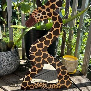 Vintage 90s Giraffe Shaped Wooden Decor Mirror Wall Hanging